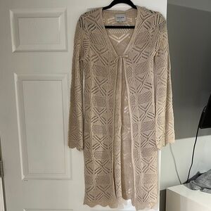 Beige Crochet Open Cardigan